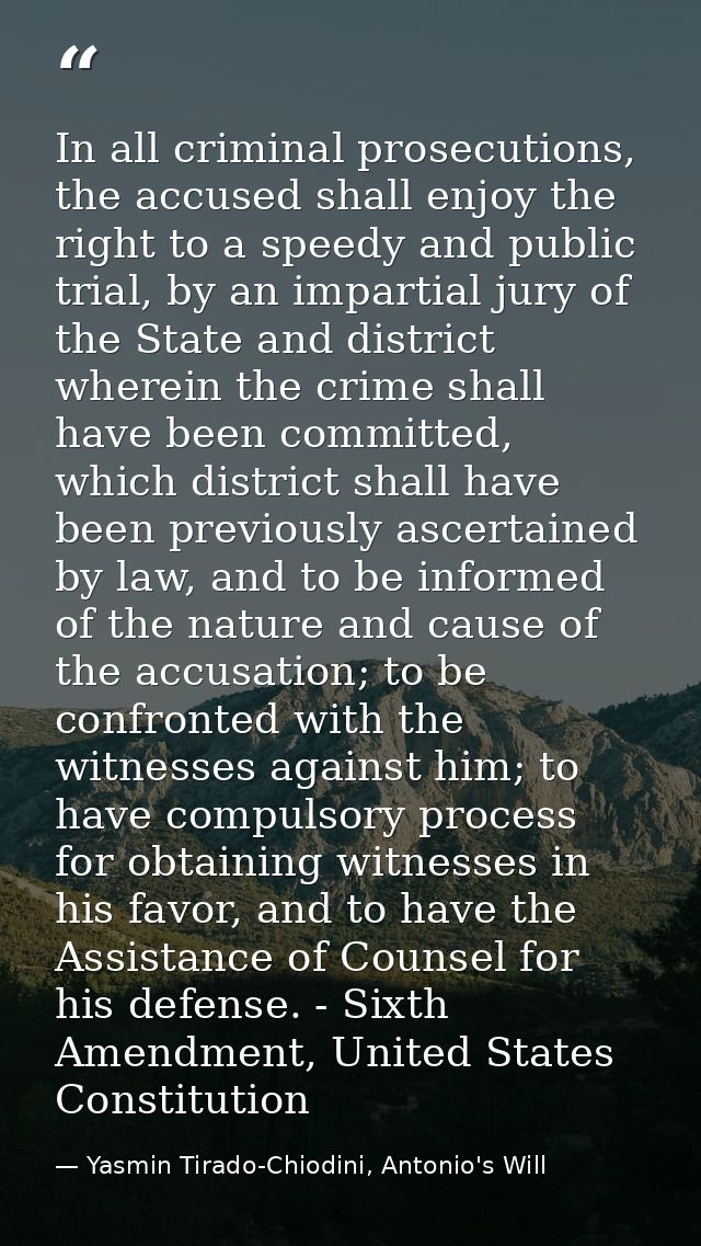 In all criminal prosecutions, the accused shall enjoy the right to a speedy and public trial, by an impartial jury of th — Yasmin Tirado-Chiodini, Antonio's Will