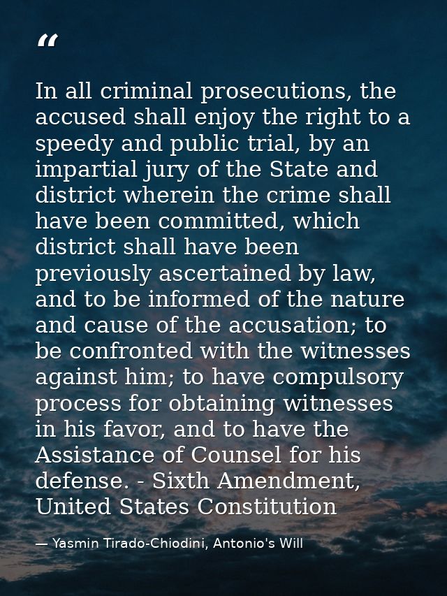 In all criminal prosecutions, the accused shall enjoy the right to a speedy and public trial, by an impartial jury of th — Yasmin Tirado-Chiodini, Antonio's Will