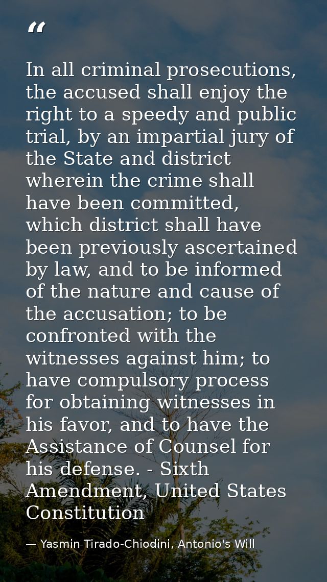 In all criminal prosecutions, the accused shall enjoy the right to a speedy and public trial, by an impartial jury of th — Yasmin Tirado-Chiodini, Antonio's Will