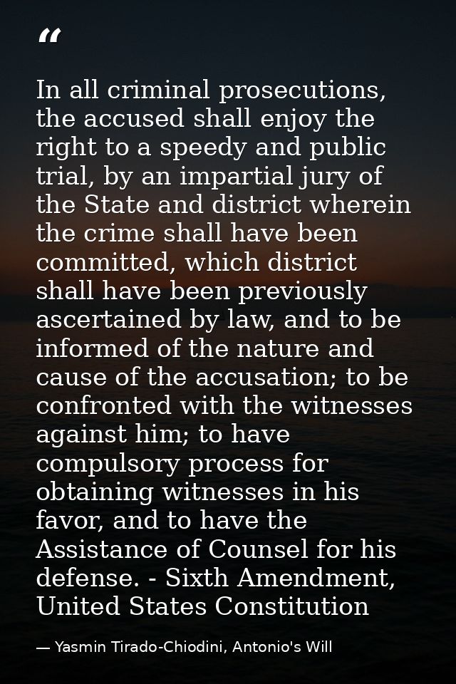 In all criminal prosecutions, the accused shall enjoy the right to a speedy and public trial, by an impartial jury of th — Yasmin Tirado-Chiodini, Antonio's Will