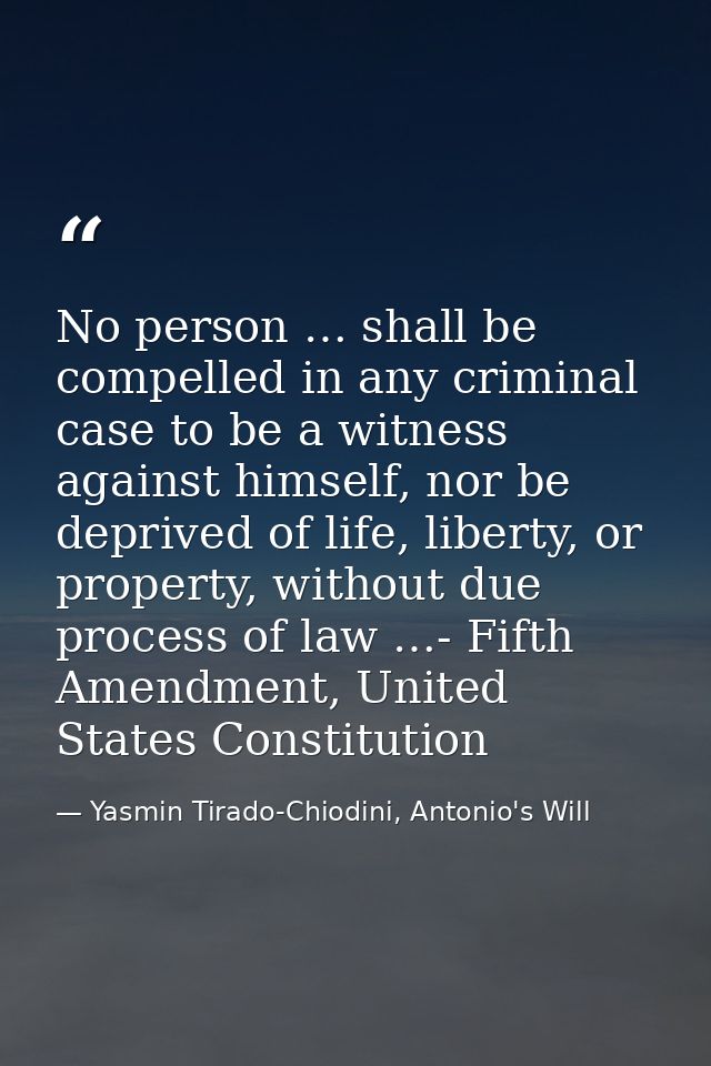 No person … shall be compelled in any criminal case to be a witness against himself, nor be deprived of life, liberty, o — Yasmin Tirado-Chiodini, Antonio's Will