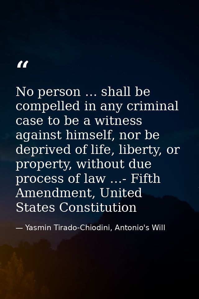 No person … shall be compelled in any criminal case to be a witness against himself, nor be deprived of life, liberty, o — Yasmin Tirado-Chiodini, Antonio's Will