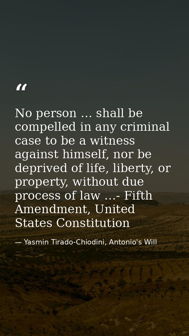 No person … shall be compelled in any criminal case to be a witness against himself, nor be deprived of life, liberty, o — Yasmin Tirado-Chiodini, Antonio's Will