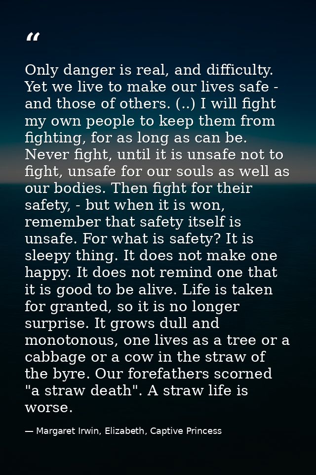 Only danger is real, and difficulty. Yet we live to make our lives safe - and those of others. (..) I will fight my own  — Margaret Irwin, Elizabeth, Captive Princess