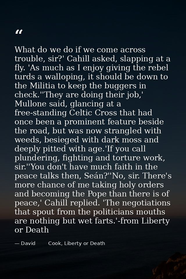 What do we do if we come across trouble, sir?' Cahill asked, slapping at a fly. 'As much as I enjoy giving the rebel tur — David        Cook, Liberty or Death