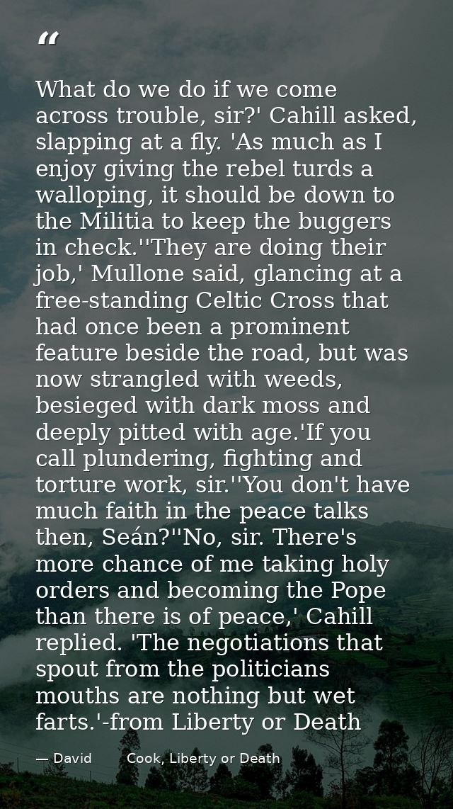 What do we do if we come across trouble, sir?' Cahill asked, slapping at a fly. 'As much as I enjoy giving the rebel tur — David        Cook, Liberty or Death