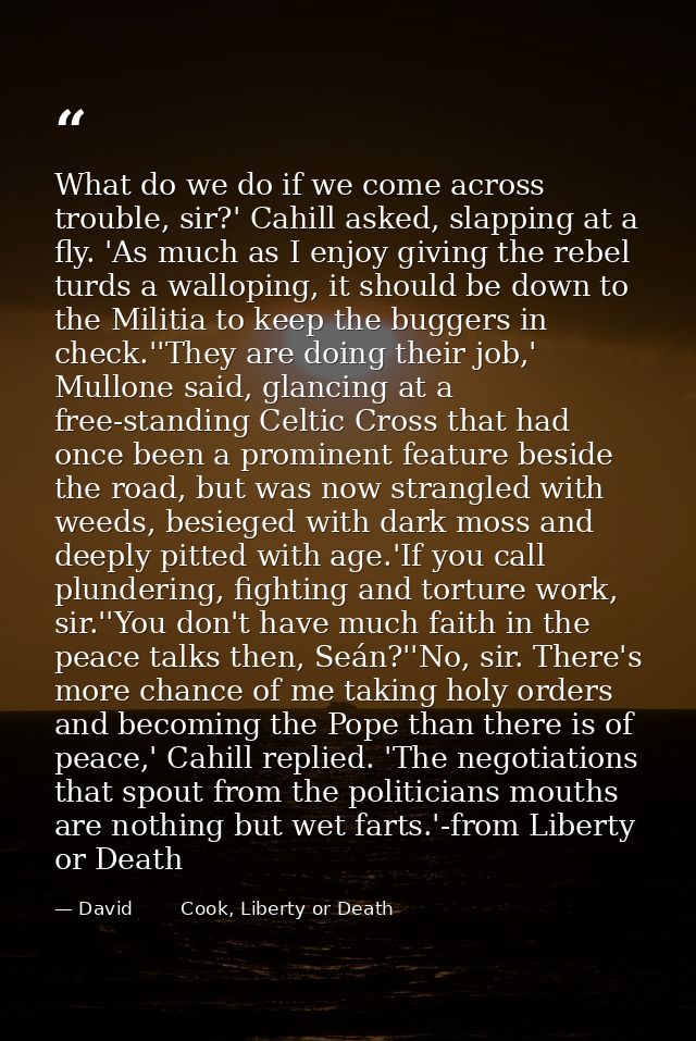What do we do if we come across trouble, sir?' Cahill asked, slapping at a fly. 'As much as I enjoy giving the rebel tur — David        Cook, Liberty or Death