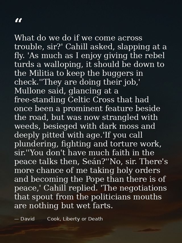 What do we do if we come across trouble, sir?' Cahill asked, slapping at a fly. 'As much as I enjoy giving the rebel tur — David        Cook, Liberty or Death