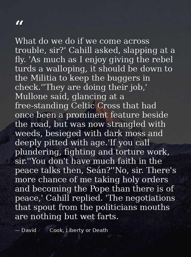 What do we do if we come across trouble, sir?' Cahill asked, slapping at a fly. 'As much as I enjoy giving the rebel tur — David        Cook, Liberty or Death