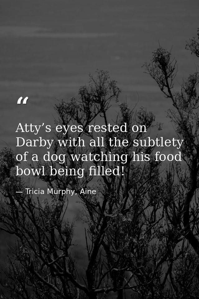 Atty’s eyes rested on Darby with all the subtlety of a dog watching his food bowl being filled! — Tricia Murphy, Aine