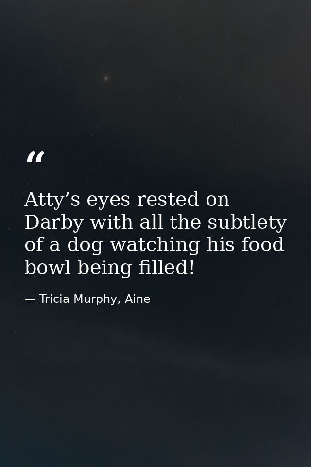 Atty’s eyes rested on Darby with all the subtlety of a dog watching his food bowl being filled! — Tricia Murphy, Aine