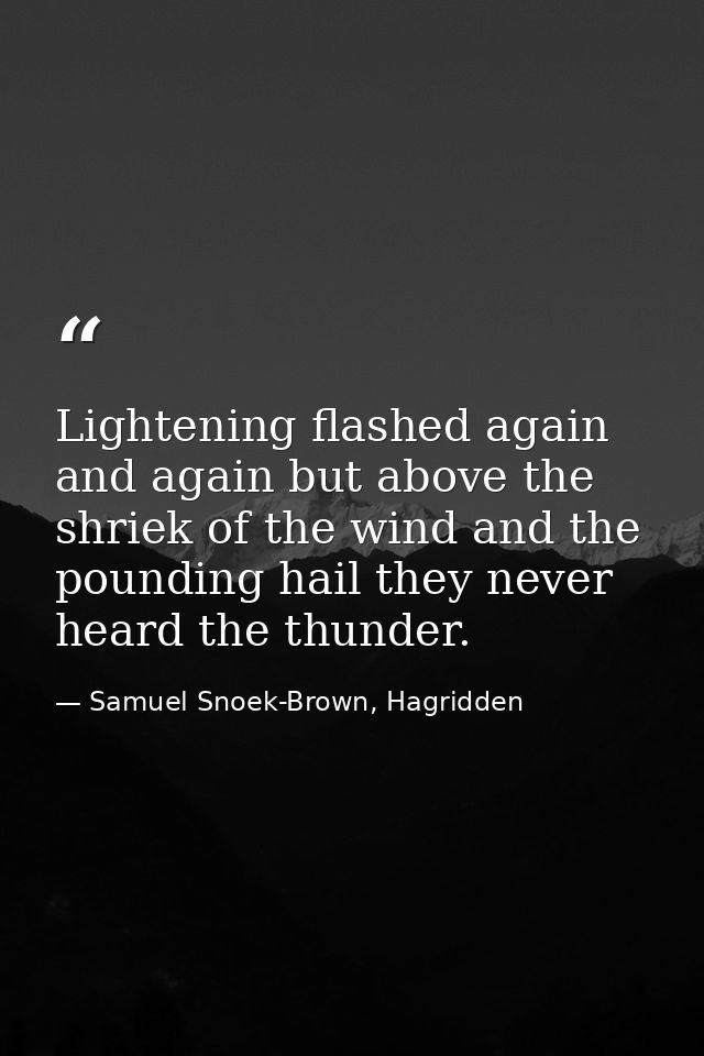 Lightening flashed again and again but above the shriek of the wind and the pounding hail they never heard the thunder. — Samuel Snoek-Brown, Hagridden