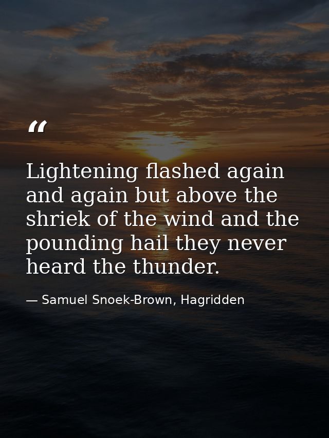 Lightening flashed again and again but above the shriek of the wind and the pounding hail they never heard the thunder. — Samuel Snoek-Brown, Hagridden