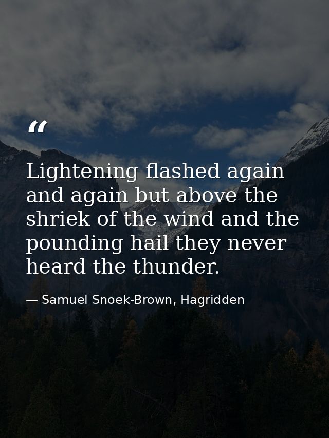 Lightening flashed again and again but above the shriek of the wind and the pounding hail they never heard the thunder. — Samuel Snoek-Brown, Hagridden
