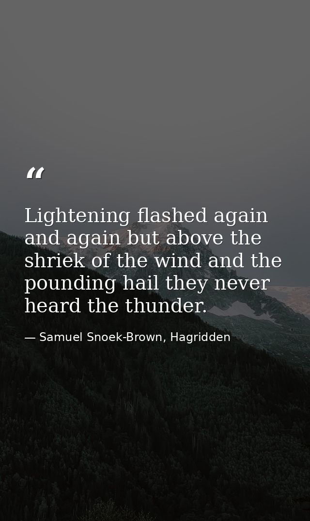 Lightening flashed again and again but above the shriek of the wind and the pounding hail they never heard the thunder. — Samuel Snoek-Brown, Hagridden