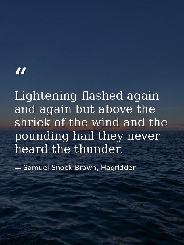 Lightening flashed again and again but above the shriek of the wind and the pounding hail they never heard the thunder. — Samuel Snoek-Brown, Hagridden