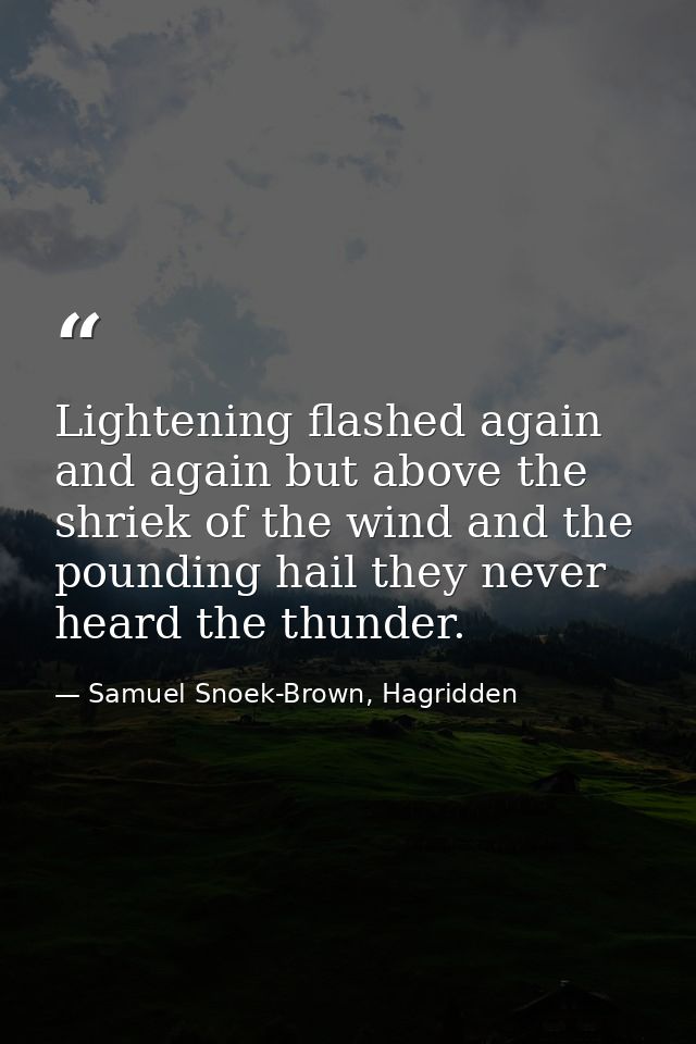 Lightening flashed again and again but above the shriek of the wind and the pounding hail they never heard the thunder. — Samuel Snoek-Brown, Hagridden