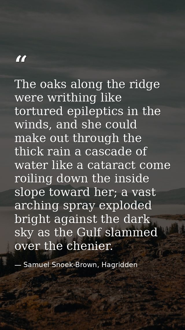 The oaks along the ridge were writhing like tortured epileptics in the winds, and she could make out through the thick r — Samuel Snoek-Brown, Hagridden