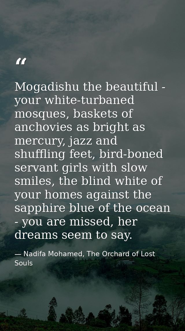 Mogadishu the beautiful - your white-turbaned mosques, baskets of anchovies as bright as mercury, jazz and shuffling fee — Nadifa Mohamed, The Orchard of Lost Souls