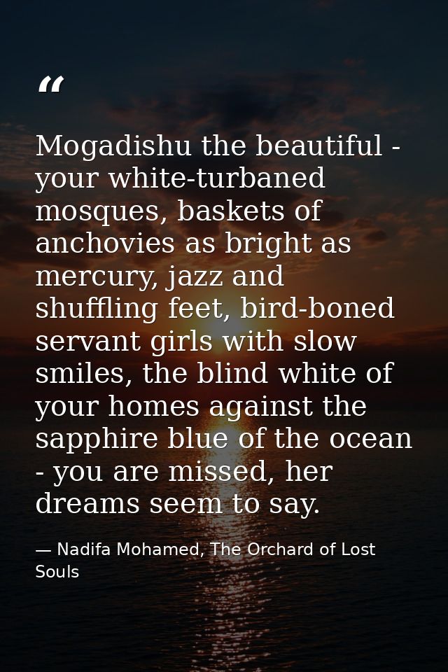 Mogadishu the beautiful - your white-turbaned mosques, baskets of anchovies as bright as mercury, jazz and shuffling fee — Nadifa Mohamed, The Orchard of Lost Souls