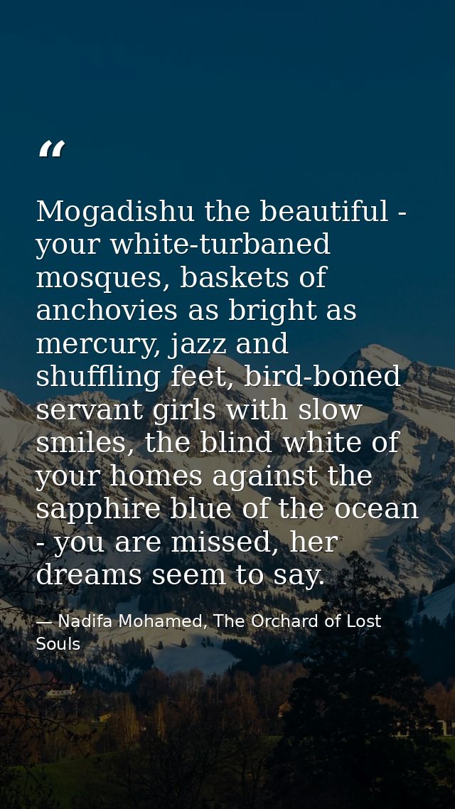 Mogadishu the beautiful - your white-turbaned mosques, baskets of anchovies as bright as mercury, jazz and shuffling fee — Nadifa Mohamed, The Orchard of Lost Souls