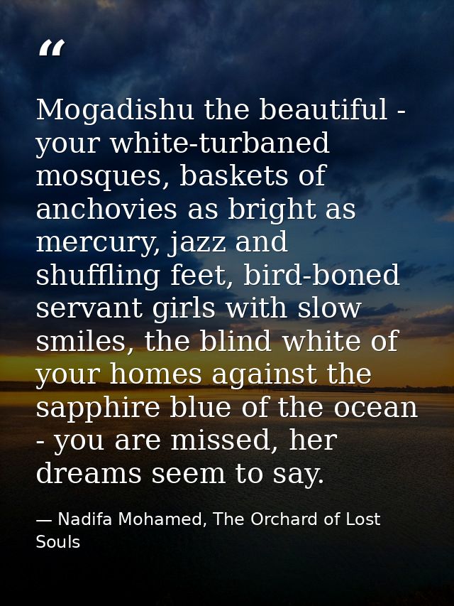 Mogadishu the beautiful - your white-turbaned mosques, baskets of anchovies as bright as mercury, jazz and shuffling fee — Nadifa Mohamed, The Orchard of Lost Souls