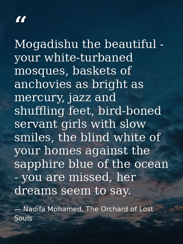 Mogadishu the beautiful - your white-turbaned mosques, baskets of anchovies as bright as mercury, jazz and shuffling fee — Nadifa Mohamed, The Orchard of Lost Souls