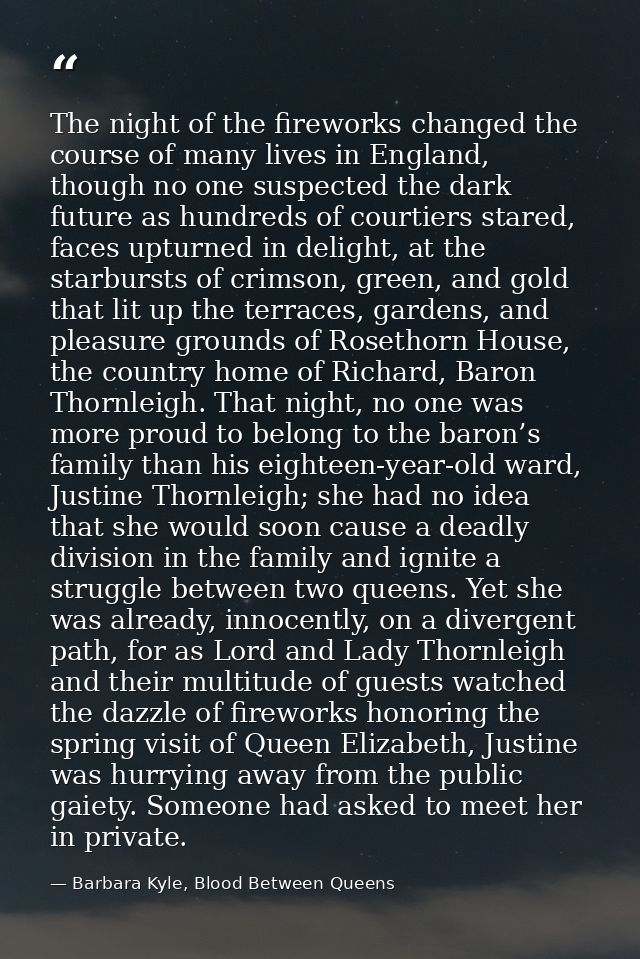 The night of the fireworks changed the course of many lives in England, though no one suspected the dark future as hundr — Barbara Kyle, Blood Between Queens