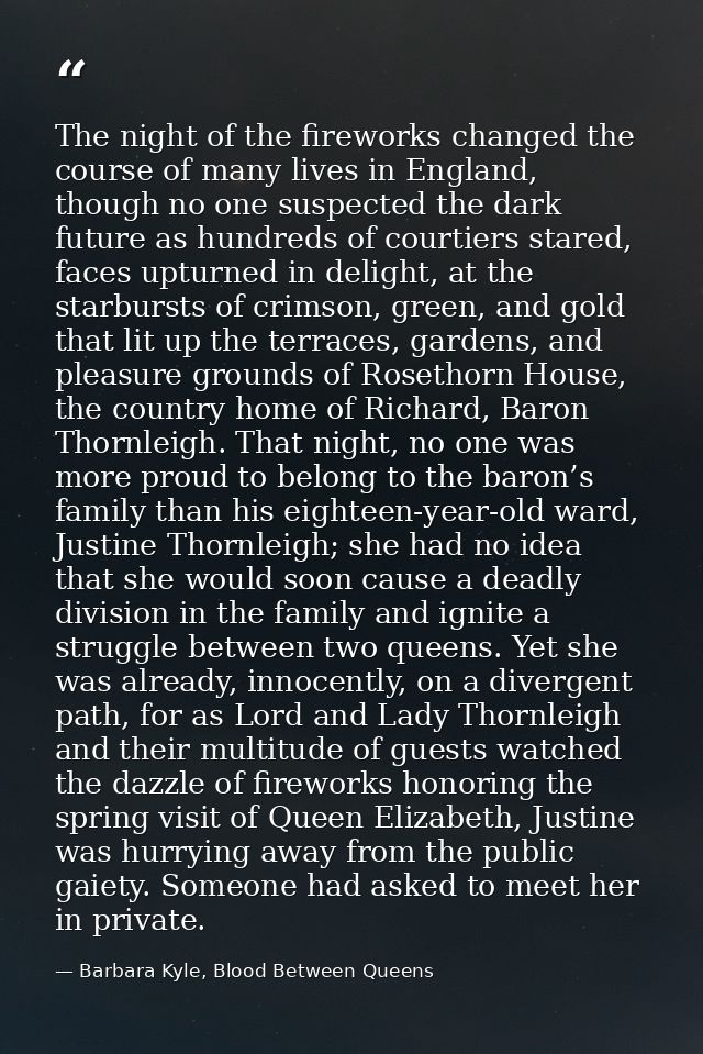 The night of the fireworks changed the course of many lives in England, though no one suspected the dark future as hundr — Barbara Kyle, Blood Between Queens