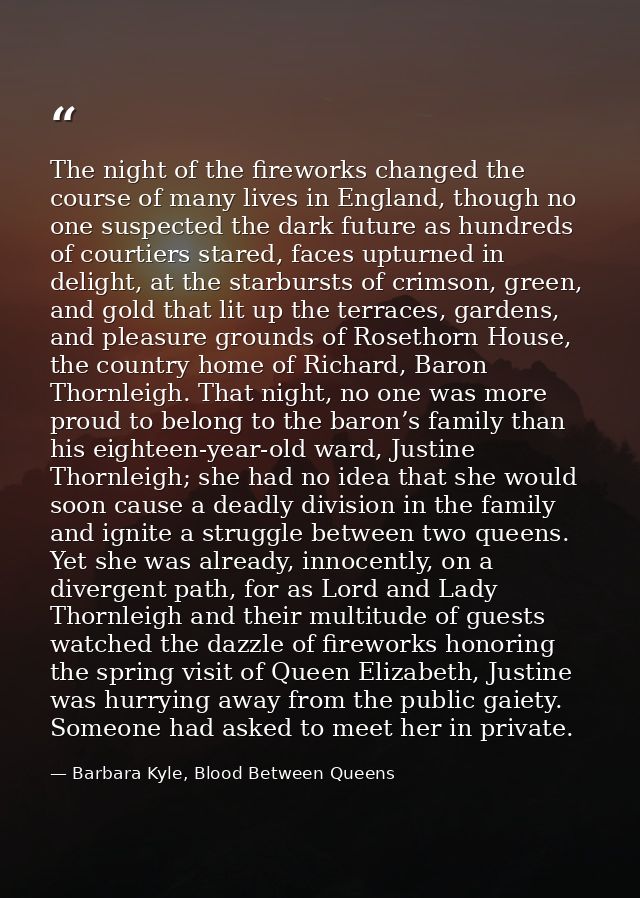The night of the fireworks changed the course of many lives in England, though no one suspected the dark future as hundr — Barbara Kyle, Blood Between Queens