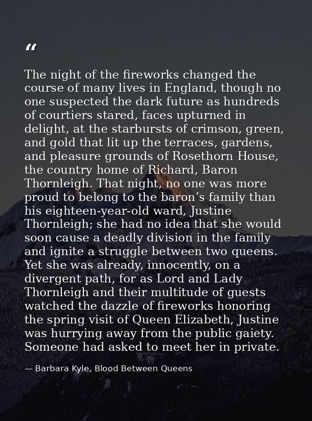 The night of the fireworks changed the course of many lives in England, though no one suspected the dark future as hundr — Barbara Kyle, Blood Between Queens