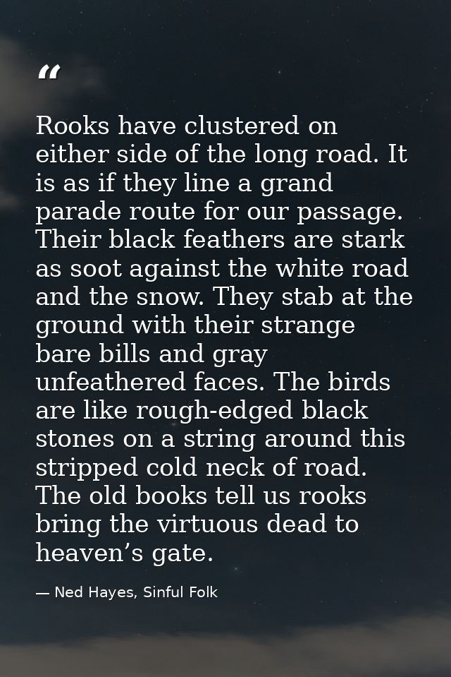 Rooks have clustered on either side of the long road. It is as if they line a grand parade route for our passage. Their  — Ned Hayes, Sinful Folk