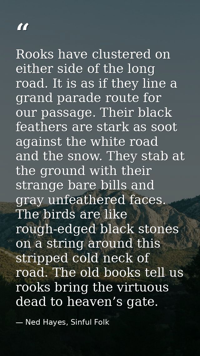 Rooks have clustered on either side of the long road. It is as if they line a grand parade route for our passage. Their  — Ned Hayes, Sinful Folk