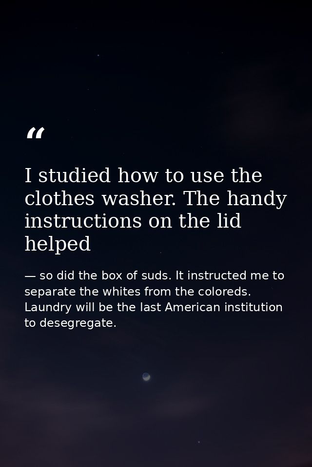 I studied how to use the clothes washer. The handy instructions on the lid helped — so did the box of suds. It instructed me to separate the whites from the coloreds. Laundry will be the last American institution to desegregate.
