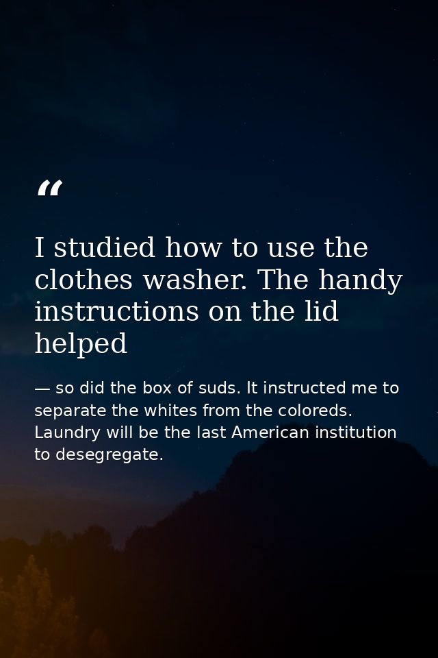 I studied how to use the clothes washer. The handy instructions on the lid helped — so did the box of suds. It instructed me to separate the whites from the coloreds. Laundry will be the last American institution to desegregate.