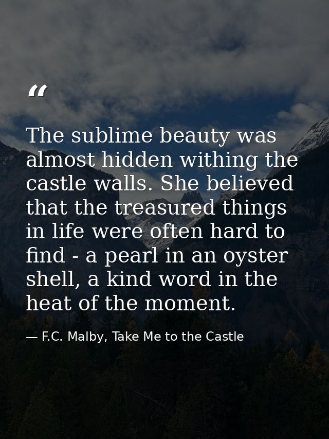 The sublime beauty was almost hidden withing the castle walls. She believed that the treasured things in life were often — F.C. Malby, Take Me to the Castle
