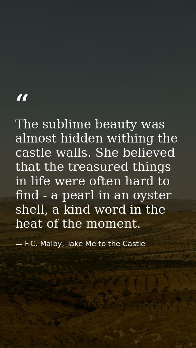 The sublime beauty was almost hidden withing the castle walls. She believed that the treasured things in life were often — F.C. Malby, Take Me to the Castle