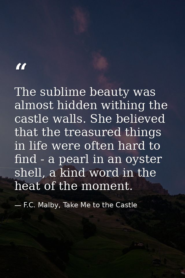 The sublime beauty was almost hidden withing the castle walls. She believed that the treasured things in life were often — F.C. Malby, Take Me to the Castle