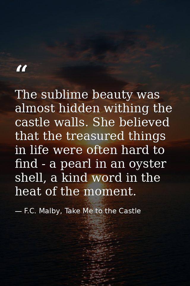 The sublime beauty was almost hidden withing the castle walls. She believed that the treasured things in life were often — F.C. Malby, Take Me to the Castle