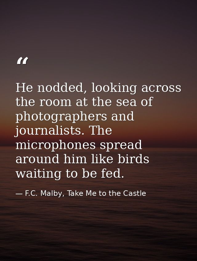 He nodded, looking across the room at the sea of photographers and journalists. The microphones spread around him like b — F.C. Malby, Take Me to the Castle