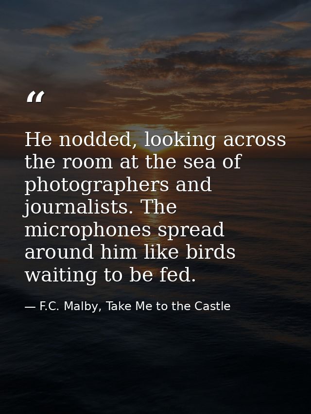 He nodded, looking across the room at the sea of photographers and journalists. The microphones spread around him like b — F.C. Malby, Take Me to the Castle