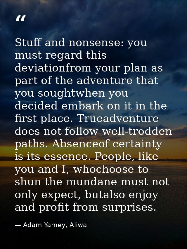 Stuff and nonsense: you must regard this deviationfrom your plan as part of the adventure that you soughtwhen you decide — Adam Yamey, Aliwal