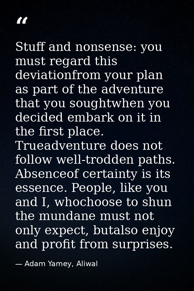 Stuff and nonsense: you must regard this deviationfrom your plan as part of the adventure that you soughtwhen you decide — Adam Yamey, Aliwal
