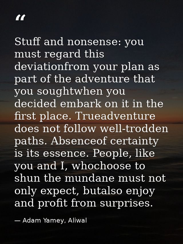 Stuff and nonsense: you must regard this deviationfrom your plan as part of the adventure that you soughtwhen you decide — Adam Yamey, Aliwal