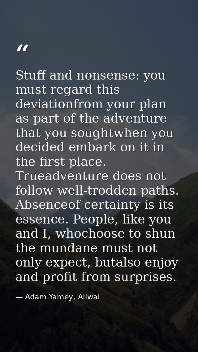 Stuff and nonsense: you must regard this deviationfrom your plan as part of the adventure that you soughtwhen you decide — Adam Yamey, Aliwal