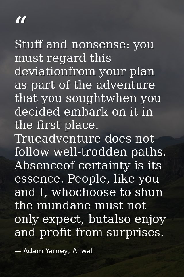 Stuff and nonsense: you must regard this deviationfrom your plan as part of the adventure that you soughtwhen you decide — Adam Yamey, Aliwal