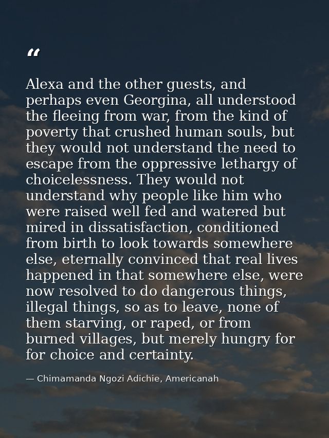 Alexa and the other guests, and perhaps even Georgina, all understood the fleeing from war, from the kind of poverty tha — Chimamanda Ngozi Adichie, Americanah