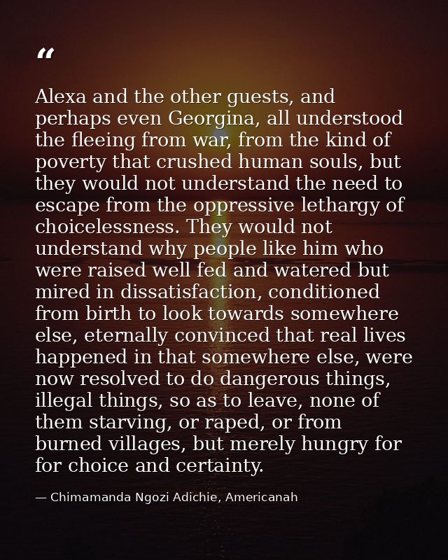 Alexa and the other guests, and perhaps even Georgina, all understood the fleeing from war, from the kind of poverty tha — Chimamanda Ngozi Adichie, Americanah