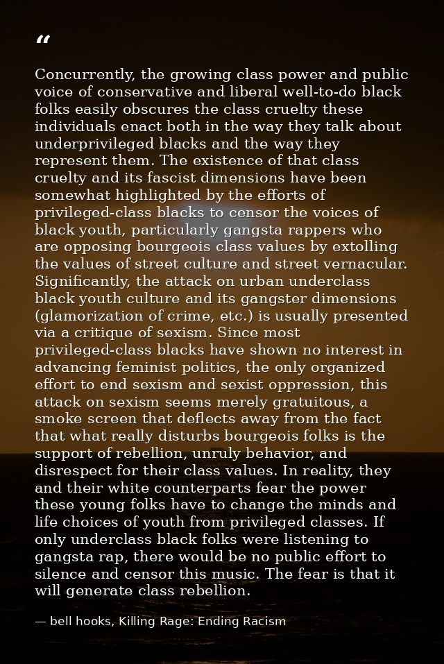 Concurrently, the growing class power and public voice of conservative and liberal well-to-do black folks easily obscure — bell hooks, Killing Rage: Ending Racism