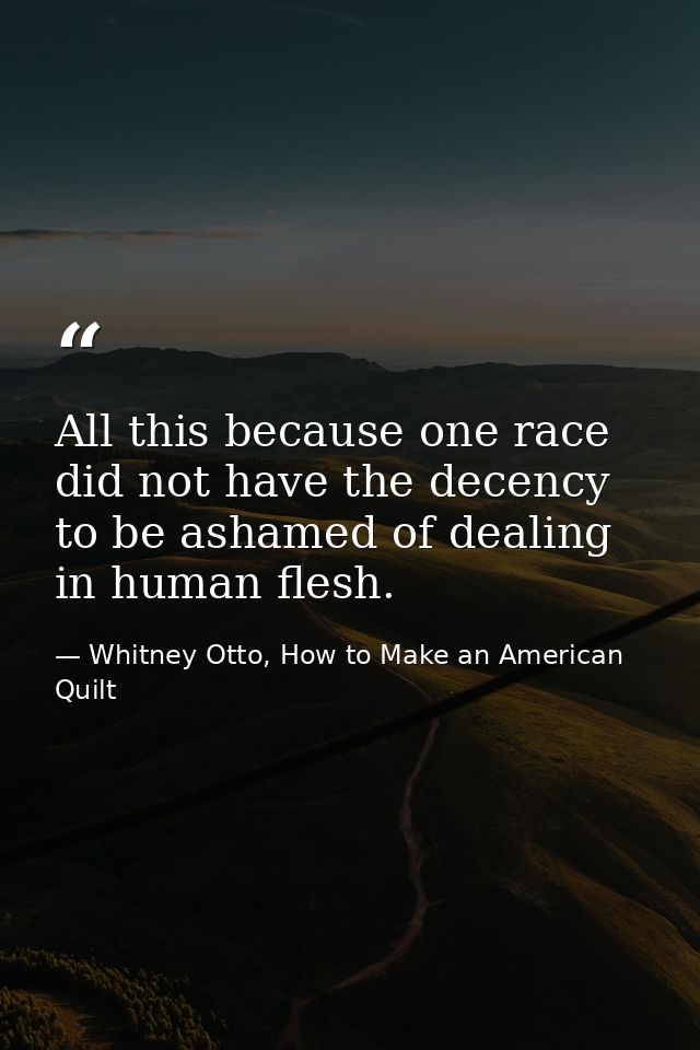 All this because one race did not have the decency to be ashamed of dealing in human flesh. — Whitney Otto, How to Make an American Quilt